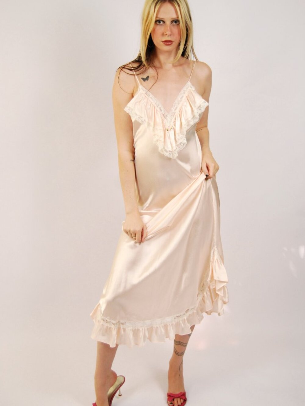 80s Ruffle Slip Dress (M) medium pink vintage midi Lily of France coquette pinup